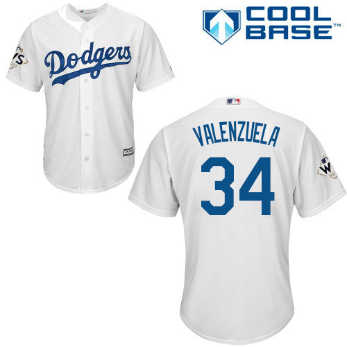 Dodgers #34 Fernando Valenzuela White Cool Base World Series Bound Stitched Youth MLB Jersey - Click Image to Close